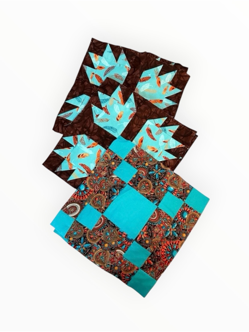 9 Piece Mixed Fabric Quilt Blocks Sewn Cotton Fabric Squares Southwestern Theme - Picture 2 of 6